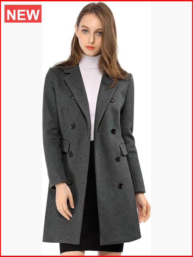 Elegant Notched Lapel Double Breasted Trench Coat Winter Overcoat Fully Lined